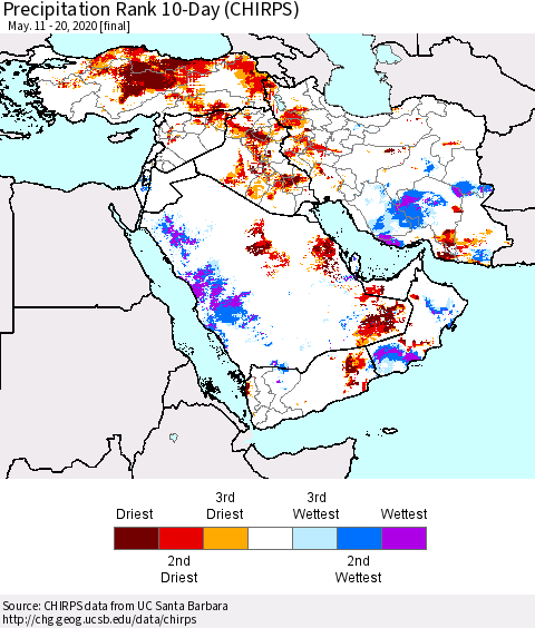 Middle East and Turkey Precipitation Rank since 1981, 10-Day (CHIRPS) Thematic Map For 5/11/2020 - 5/20/2020