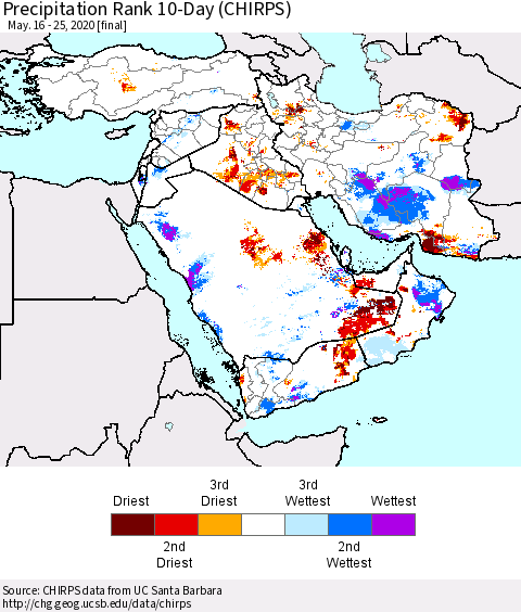 Middle East and Turkey Precipitation Rank since 1981, 10-Day (CHIRPS) Thematic Map For 5/16/2020 - 5/25/2020