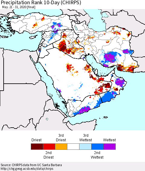 Middle East and Turkey Precipitation Rank since 1981, 10-Day (CHIRPS) Thematic Map For 5/21/2020 - 5/31/2020