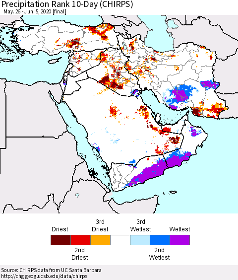 Middle East and Turkey Precipitation Rank since 1981, 10-Day (CHIRPS) Thematic Map For 5/26/2020 - 6/5/2020