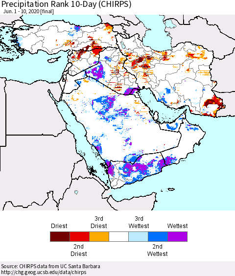 Middle East and Turkey Precipitation Rank since 1981, 10-Day (CHIRPS) Thematic Map For 6/1/2020 - 6/10/2020