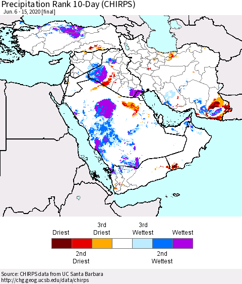 Middle East and Turkey Precipitation Rank since 1981, 10-Day (CHIRPS) Thematic Map For 6/6/2020 - 6/15/2020