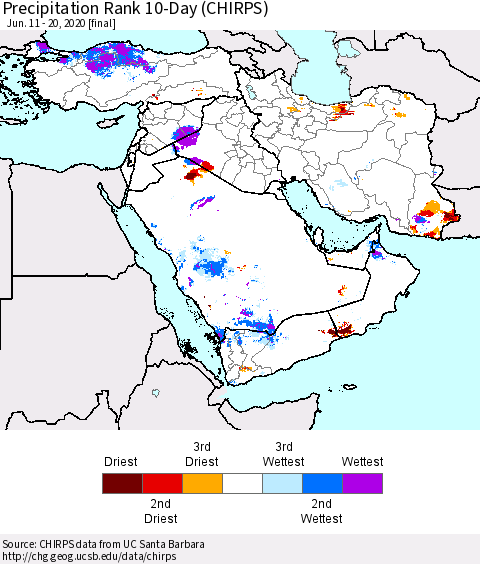 Middle East and Turkey Precipitation Rank since 1981, 10-Day (CHIRPS) Thematic Map For 6/11/2020 - 6/20/2020