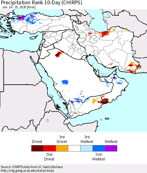 Middle East and Turkey Precipitation Rank since 1981, 10-Day (CHIRPS) Thematic Map For 6/16/2020 - 6/25/2020