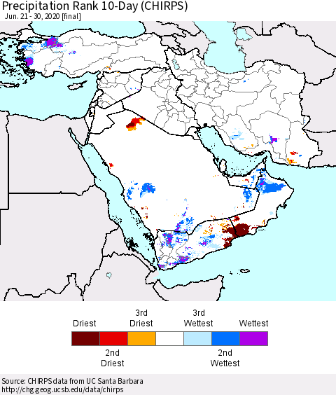 Middle East and Turkey Precipitation Rank since 1981, 10-Day (CHIRPS) Thematic Map For 6/21/2020 - 6/30/2020