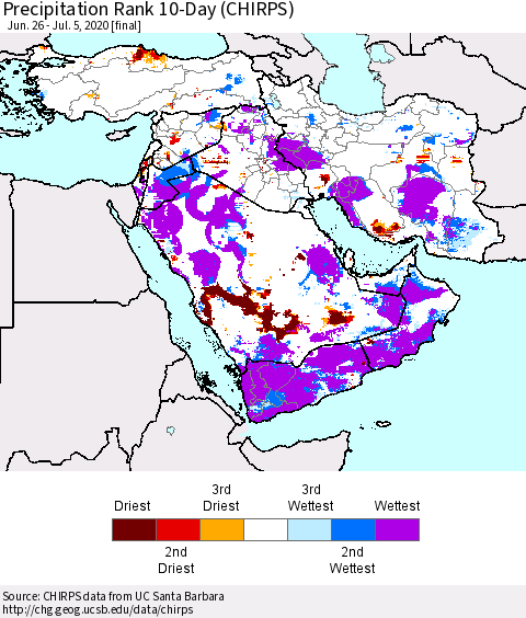Middle East and Turkey Precipitation Rank since 1981, 10-Day (CHIRPS) Thematic Map For 6/26/2020 - 7/5/2020