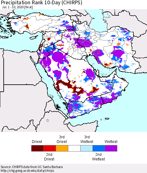 Middle East and Turkey Precipitation Rank since 1981, 10-Day (CHIRPS) Thematic Map For 7/1/2020 - 7/10/2020