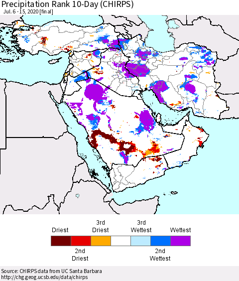 Middle East and Turkey Precipitation Rank since 1981, 10-Day (CHIRPS) Thematic Map For 7/6/2020 - 7/15/2020