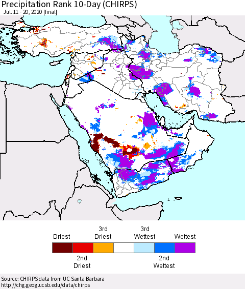 Middle East and Turkey Precipitation Rank since 1981, 10-Day (CHIRPS) Thematic Map For 7/11/2020 - 7/20/2020