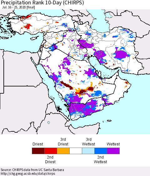 Middle East and Turkey Precipitation Rank since 1981, 10-Day (CHIRPS) Thematic Map For 7/16/2020 - 7/25/2020
