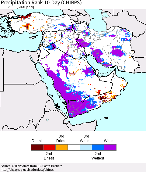 Middle East and Turkey Precipitation Rank since 1981, 10-Day (CHIRPS) Thematic Map For 7/21/2020 - 7/31/2020