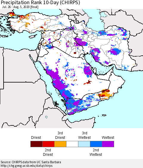 Middle East and Turkey Precipitation Rank since 1981, 10-Day (CHIRPS) Thematic Map For 7/26/2020 - 8/5/2020