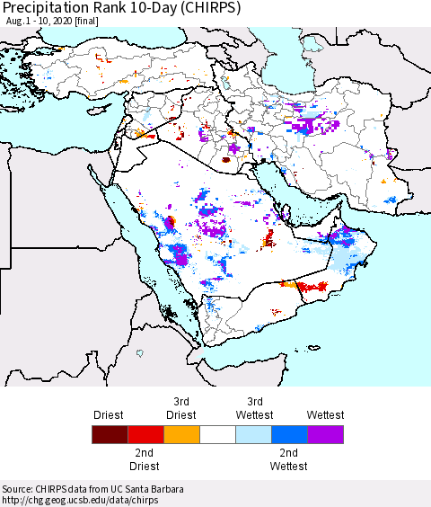 Middle East and Turkey Precipitation Rank since 1981, 10-Day (CHIRPS) Thematic Map For 8/1/2020 - 8/10/2020