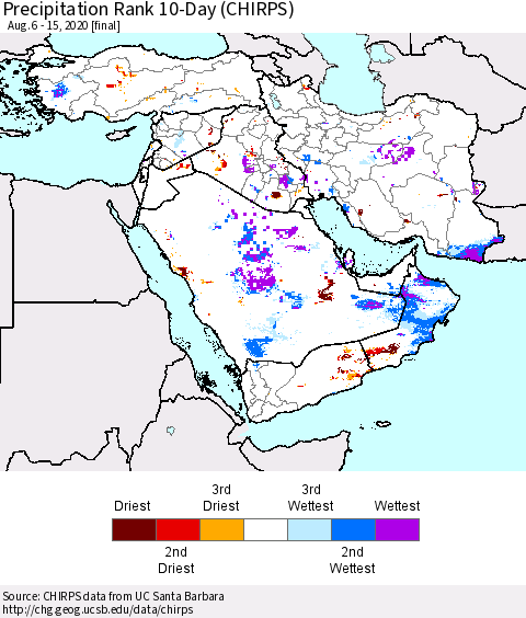 Middle East and Turkey Precipitation Rank since 1981, 10-Day (CHIRPS) Thematic Map For 8/6/2020 - 8/15/2020