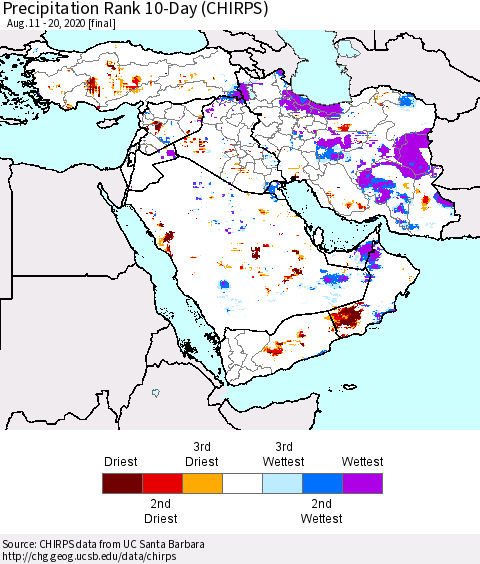 Middle East and Turkey Precipitation Rank since 1981, 10-Day (CHIRPS) Thematic Map For 8/11/2020 - 8/20/2020