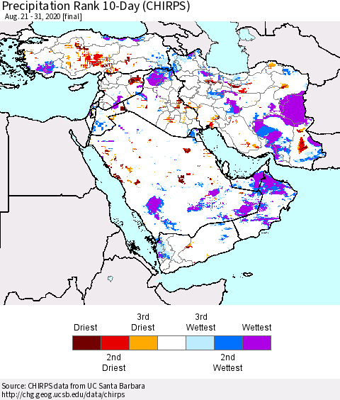 Middle East and Turkey Precipitation Rank since 1981, 10-Day (CHIRPS) Thematic Map For 8/21/2020 - 8/31/2020