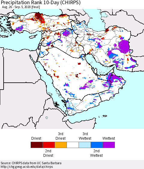 Middle East and Turkey Precipitation Rank since 1981, 10-Day (CHIRPS) Thematic Map For 8/26/2020 - 9/5/2020