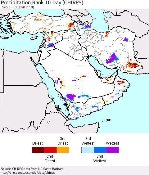 Middle East and Turkey Precipitation Rank since 1981, 10-Day (CHIRPS) Thematic Map For 9/1/2020 - 9/10/2020