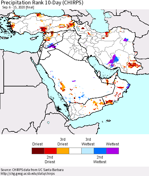 Middle East and Turkey Precipitation Rank since 1981, 10-Day (CHIRPS) Thematic Map For 9/6/2020 - 9/15/2020