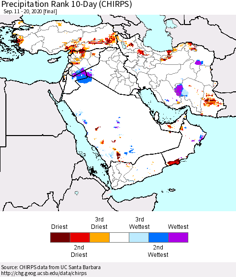 Middle East and Turkey Precipitation Rank since 1981, 10-Day (CHIRPS) Thematic Map For 9/11/2020 - 9/20/2020