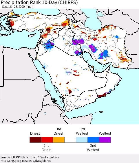 Middle East and Turkey Precipitation Rank since 1981, 10-Day (CHIRPS) Thematic Map For 9/16/2020 - 9/25/2020