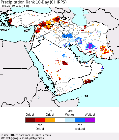 Middle East and Turkey Precipitation Rank since 1981, 10-Day (CHIRPS) Thematic Map For 9/21/2020 - 9/30/2020