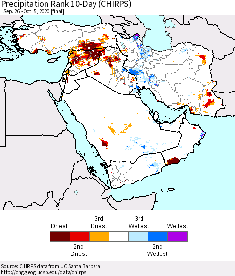 Middle East and Turkey Precipitation Rank since 1981, 10-Day (CHIRPS) Thematic Map For 9/26/2020 - 10/5/2020