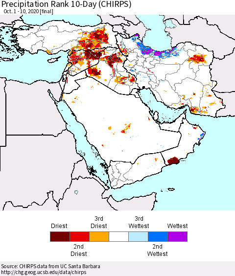Middle East and Turkey Precipitation Rank since 1981, 10-Day (CHIRPS) Thematic Map For 10/1/2020 - 10/10/2020