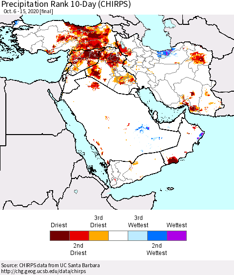 Middle East and Turkey Precipitation Rank since 1981, 10-Day (CHIRPS) Thematic Map For 10/6/2020 - 10/15/2020