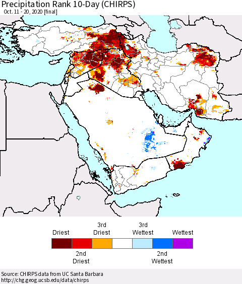 Middle East and Turkey Precipitation Rank since 1981, 10-Day (CHIRPS) Thematic Map For 10/11/2020 - 10/20/2020