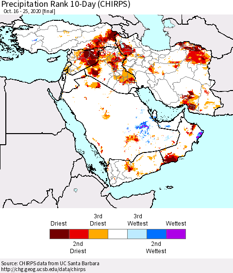 Middle East and Turkey Precipitation Rank since 1981, 10-Day (CHIRPS) Thematic Map For 10/16/2020 - 10/25/2020
