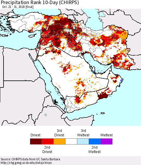 Middle East and Turkey Precipitation Rank since 1981, 10-Day (CHIRPS) Thematic Map For 10/21/2020 - 10/31/2020