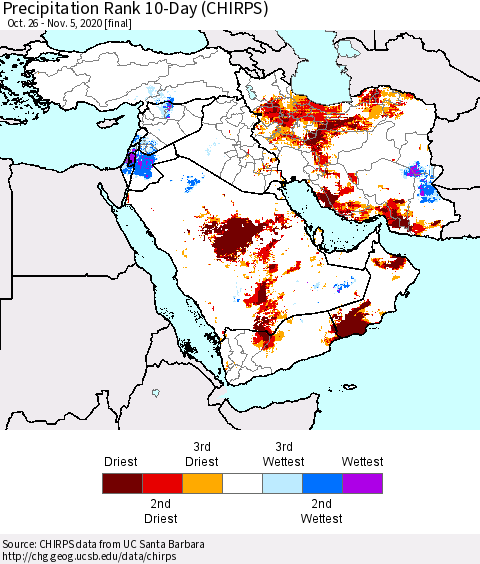 Middle East and Turkey Precipitation Rank since 1981, 10-Day (CHIRPS) Thematic Map For 10/26/2020 - 11/5/2020