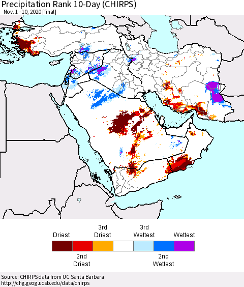 Middle East and Turkey Precipitation Rank since 1981, 10-Day (CHIRPS) Thematic Map For 11/1/2020 - 11/10/2020