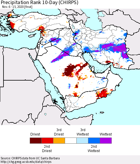 Middle East and Turkey Precipitation Rank since 1981, 10-Day (CHIRPS) Thematic Map For 11/6/2020 - 11/15/2020