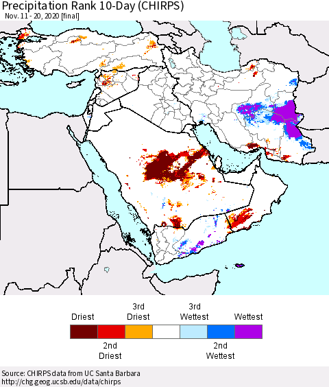 Middle East and Turkey Precipitation Rank since 1981, 10-Day (CHIRPS) Thematic Map For 11/11/2020 - 11/20/2020