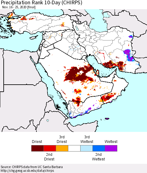 Middle East and Turkey Precipitation Rank since 1981, 10-Day (CHIRPS) Thematic Map For 11/16/2020 - 11/25/2020