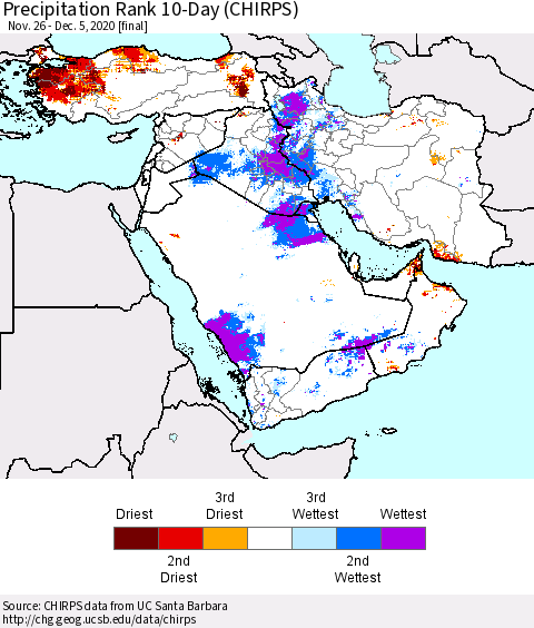 Middle East and Turkey Precipitation Rank since 1981, 10-Day (CHIRPS) Thematic Map For 11/26/2020 - 12/5/2020