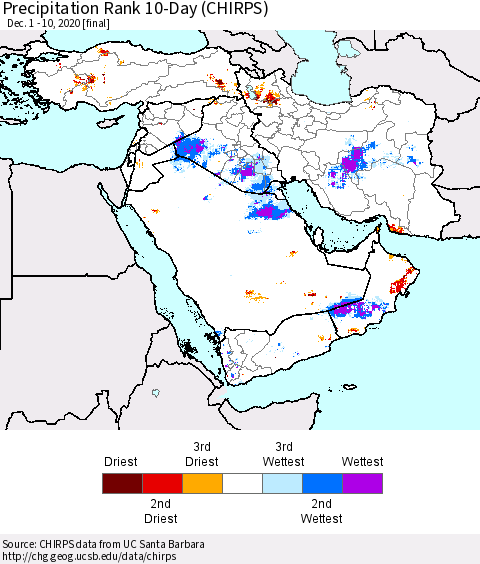 Middle East and Turkey Precipitation Rank since 1981, 10-Day (CHIRPS) Thematic Map For 12/1/2020 - 12/10/2020