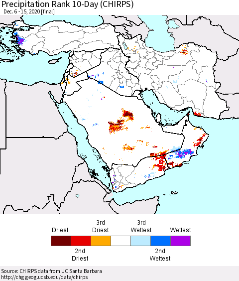 Middle East and Turkey Precipitation Rank since 1981, 10-Day (CHIRPS) Thematic Map For 12/6/2020 - 12/15/2020