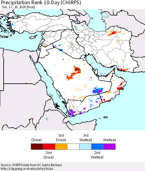 Middle East and Turkey Precipitation Rank since 1981, 10-Day (CHIRPS) Thematic Map For 12/11/2020 - 12/20/2020