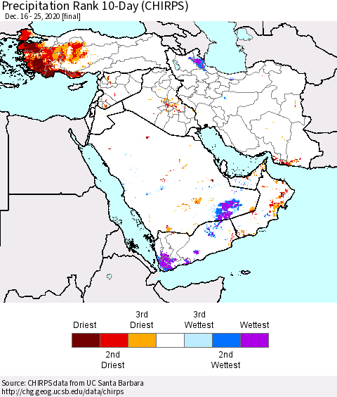 Middle East and Turkey Precipitation Rank since 1981, 10-Day (CHIRPS) Thematic Map For 12/16/2020 - 12/25/2020