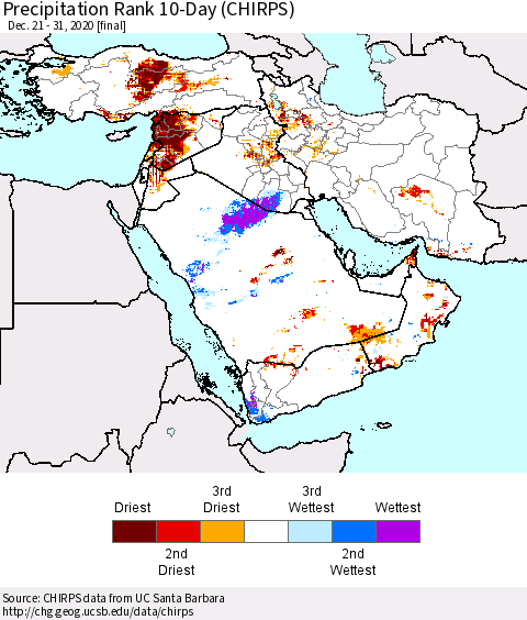 Middle East and Turkey Precipitation Rank since 1981, 10-Day (CHIRPS) Thematic Map For 12/21/2020 - 12/31/2020