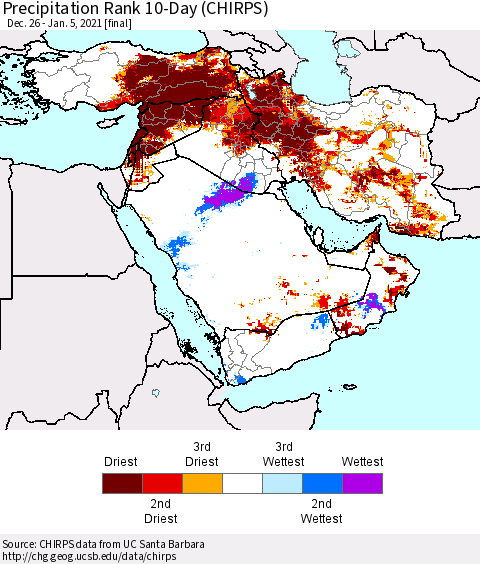 Middle East and Turkey Precipitation Rank since 1981, 10-Day (CHIRPS) Thematic Map For 12/26/2020 - 1/5/2021