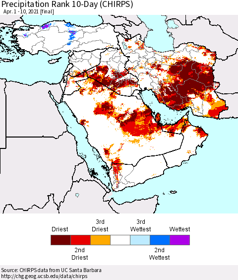Middle East and Turkey Precipitation Rank since 1981, 10-Day (CHIRPS) Thematic Map For 4/1/2021 - 4/10/2021