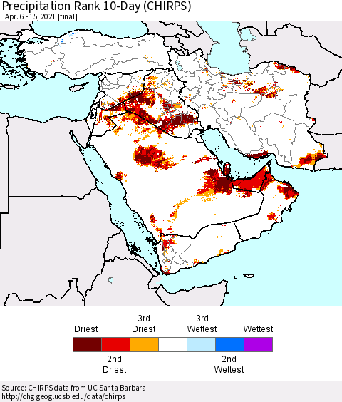 Middle East and Turkey Precipitation Rank since 1981, 10-Day (CHIRPS) Thematic Map For 4/6/2021 - 4/15/2021