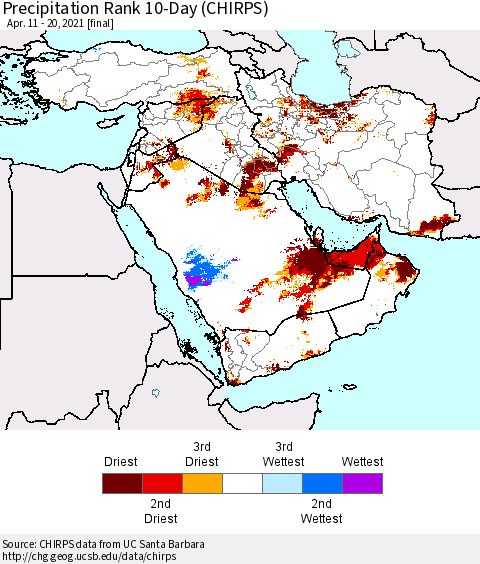 Middle East and Turkey Precipitation Rank since 1981, 10-Day (CHIRPS) Thematic Map For 4/11/2021 - 4/20/2021