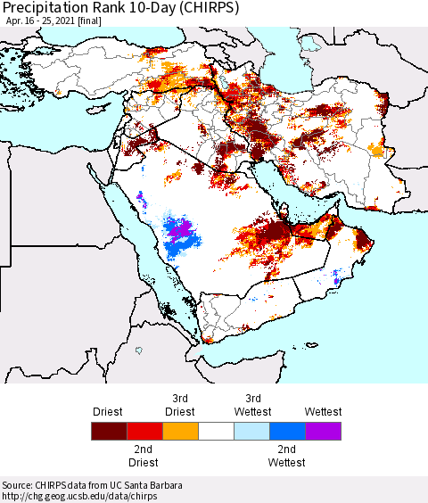 Middle East and Turkey Precipitation Rank since 1981, 10-Day (CHIRPS) Thematic Map For 4/16/2021 - 4/25/2021