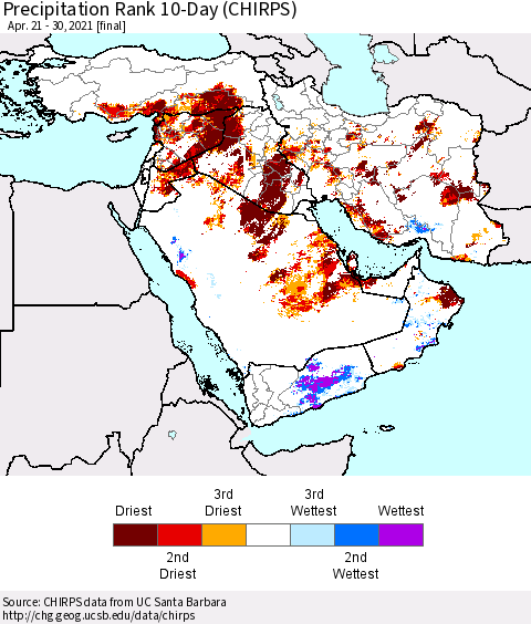 Middle East and Turkey Precipitation Rank since 1981, 10-Day (CHIRPS) Thematic Map For 4/21/2021 - 4/30/2021