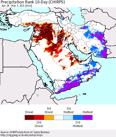Middle East and Turkey Precipitation Rank since 1981, 10-Day (CHIRPS) Thematic Map For 4/26/2021 - 5/5/2021